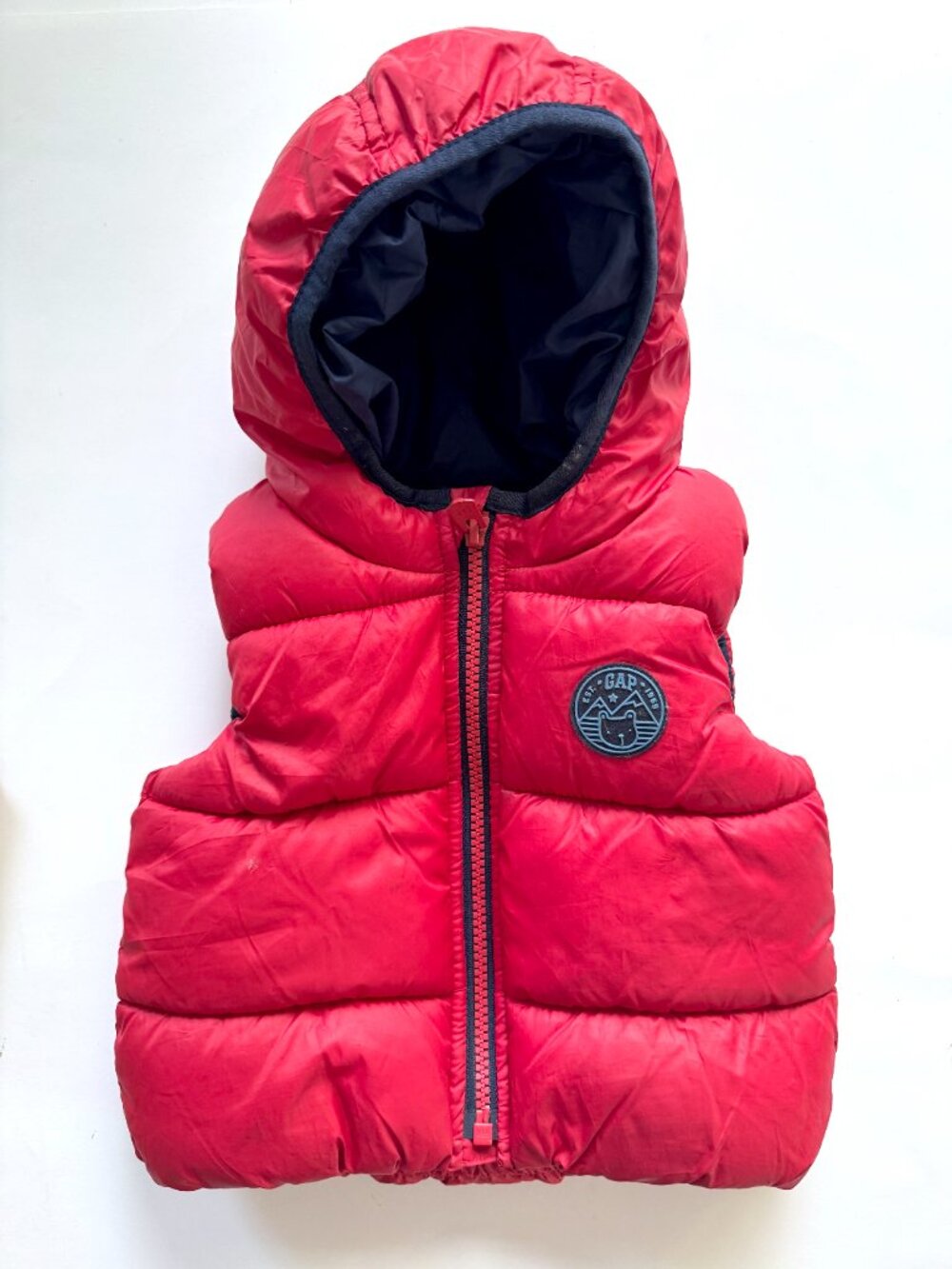 Baby Gap Red Hooded Puffer Vest Bear Patch 6-12M